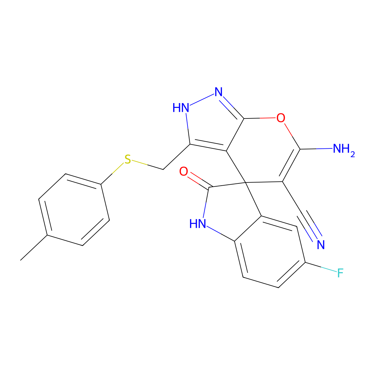 6'-amino-5-fluoro-3'-{[(4-methylphenyl)sulfanyl]methyl}-1,1',3,4'-tetrahydro-2-oxospiro(2H-indole-3,4'-pyrano[2,3-c]pyrazole)-5'-carbonitrile molecular structure, CAS 674807-58-0