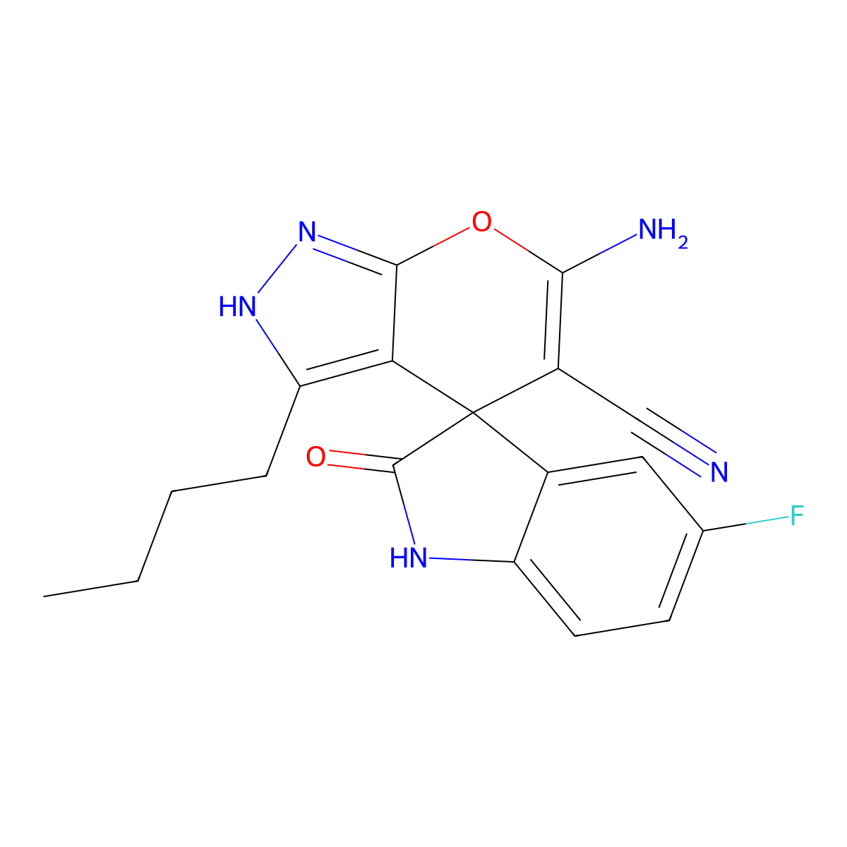 6'-amino-3'-butyl-5-fluoro-1,1',3,4'-tetrahydro-2-oxospiro(2H-indole-3,4'-pyrano[2,3-c]pyrazole)-5'-carbonitrile molecular structure, CAS 674807-59-1