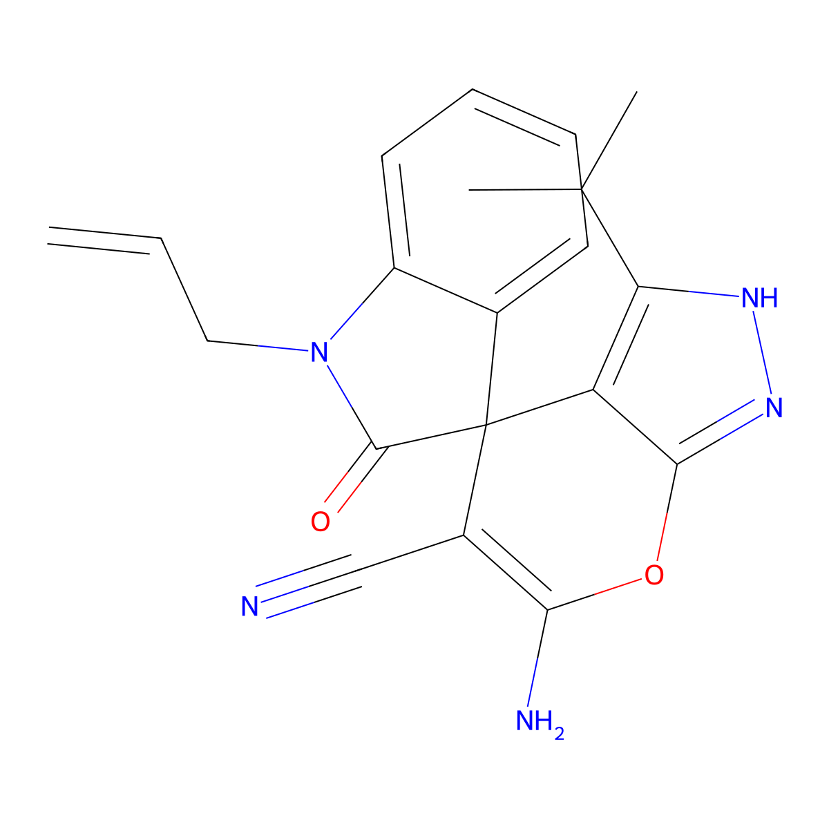 1-allyl-6'-amino-3'-isopropyl-1,2',3,4'-tetrahydro-2-oxospiro(2H-indole-3,4'-pyrano[2,3-c]pyrazole)-5'-carbonitrile molecular structure, CAS 674807-60-4