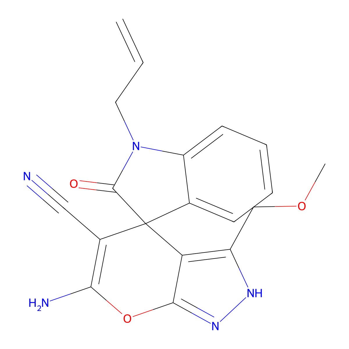 6-amino-3-(methoxymethyl)-2'-oxo-1'-prop-2-enylspiro[2H-pyrano[2,3-c]pyrazole-4,3'-indole]-5-carbonitrile molecular structure, CAS 674807-61-5