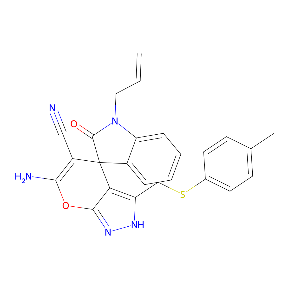 1-allyl-6'-amino-3'-{[(4-methylphenyl)sulfanyl]methyl}-1,1',3,4'-tetrahydro-2-oxospiro(2H-indole-3,4'-pyrano[2,3-c]pyrazole)-5'-carbonitrile molecular structure, CAS 674807-63-7