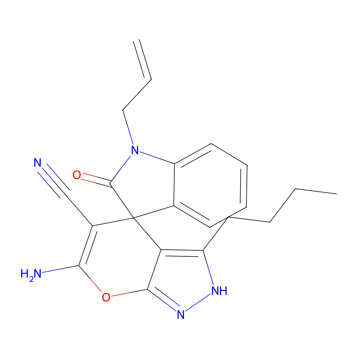 1-allyl-6'-amino-3'-butyl-1,1',3,4'-tetrahydro-2-oxospiro(2H-indole-3,4'-pyrano[2,3-c]pyrazole)-5'-carbonitrile molecular structure, CAS 674807-64-8
