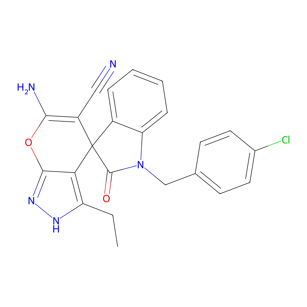 6-amino-1'-[(4-chlorophenyl)methyl]-3-ethyl-2'-oxospiro[2H-pyrano[2,3-c]pyrazole-4,3'-indole]-5-carbonitrile molecular structure, CAS 674807-65-9