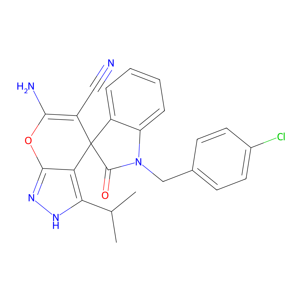 6-amino-1'-[(4-chlorophenyl)methyl]-2'-oxo-3-propan-2-ylspiro[2H-pyrano[2,3-c]pyrazole-4,3'-indole]-5-carbonitrile molecular structure, CAS 674807-66-0