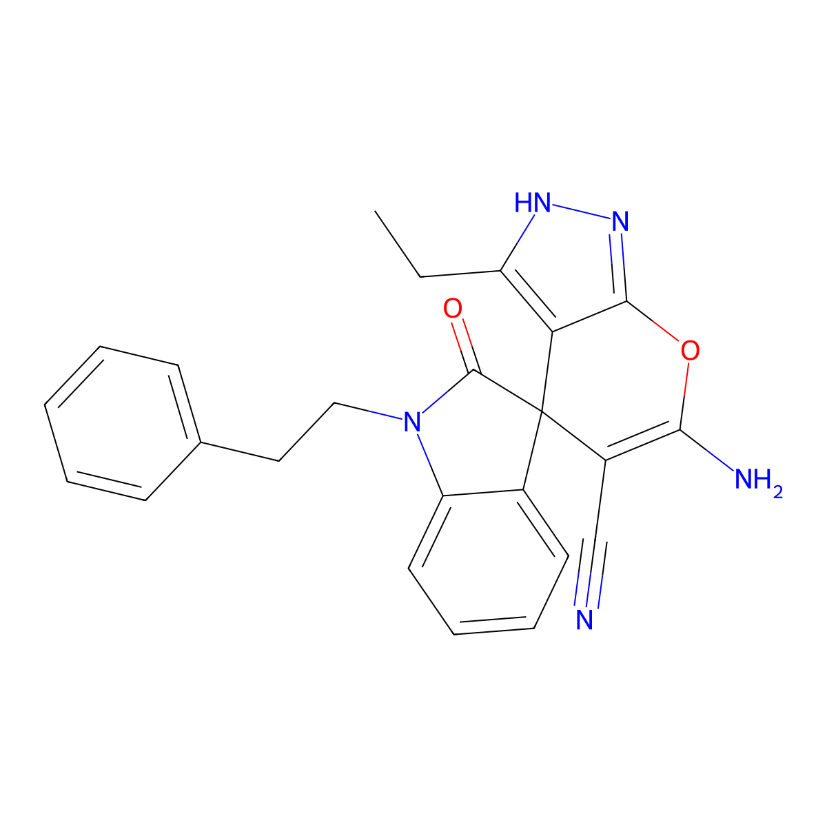 6-Amino-3-ethyl-2'-oxo-1'-(2-phenylethyl)spiro[2H-pyrano[2,3-c]pyrazole-4,3'-indole]-5-carbonitrile molecular structure, CAS 674807-69-3