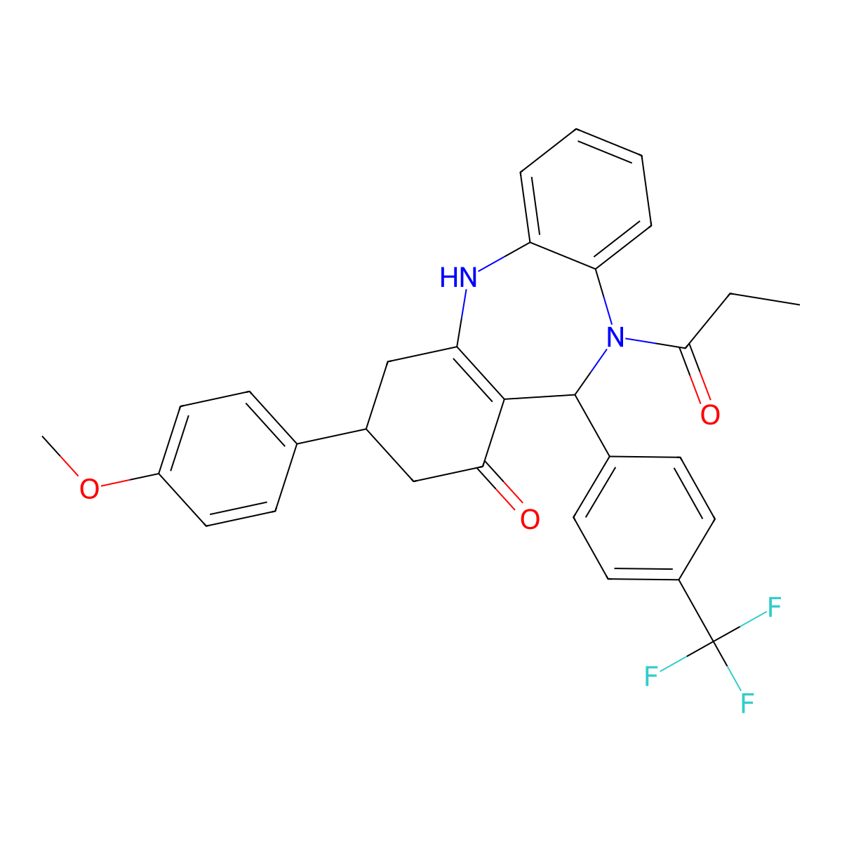 1-{1-hydroxy-3-(4-methoxyphenyl)-11-[4-(trifluoromethyl)phenyl]-2,3,4,11-tetrahydro-10H-dibenzo[b,e][1,4]diazepin-10-yl}propan-1-one molecular structure, CAS 674807-94-4