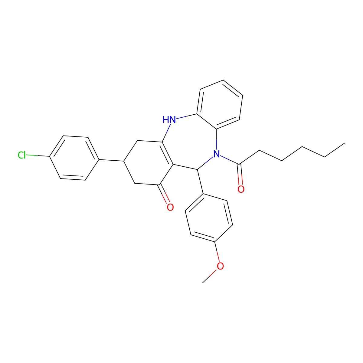 9-(4-chlorophenyl)-5-hexanoyl-6-(4-methoxyphenyl)-8,9,10,11-tetrahydro-6H-benzo[b][1,4]benzodiazepin-7-one molecular structure, CAS 674808-06-1