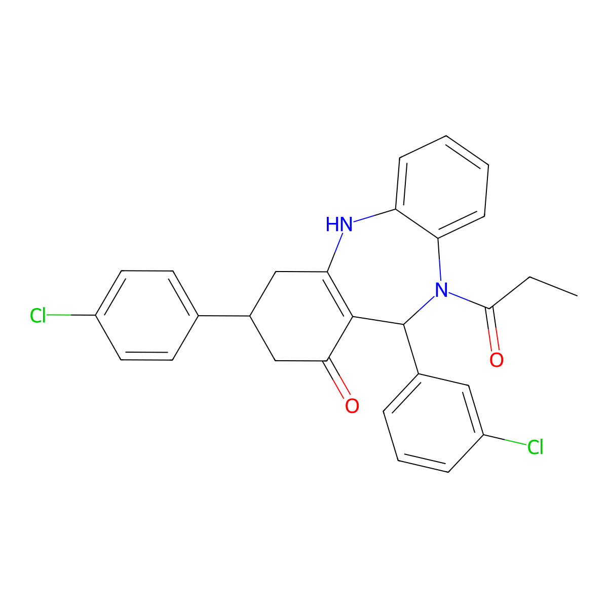 1-[11-(3-chlorophenyl)-3-(4-chlorophenyl)-1-hydroxy-2,3,4,11-tetrahydro-10H-dibenzo[b,e][1,4]diazepin-10-yl]propan-1-one molecular structure, CAS 674808-13-0