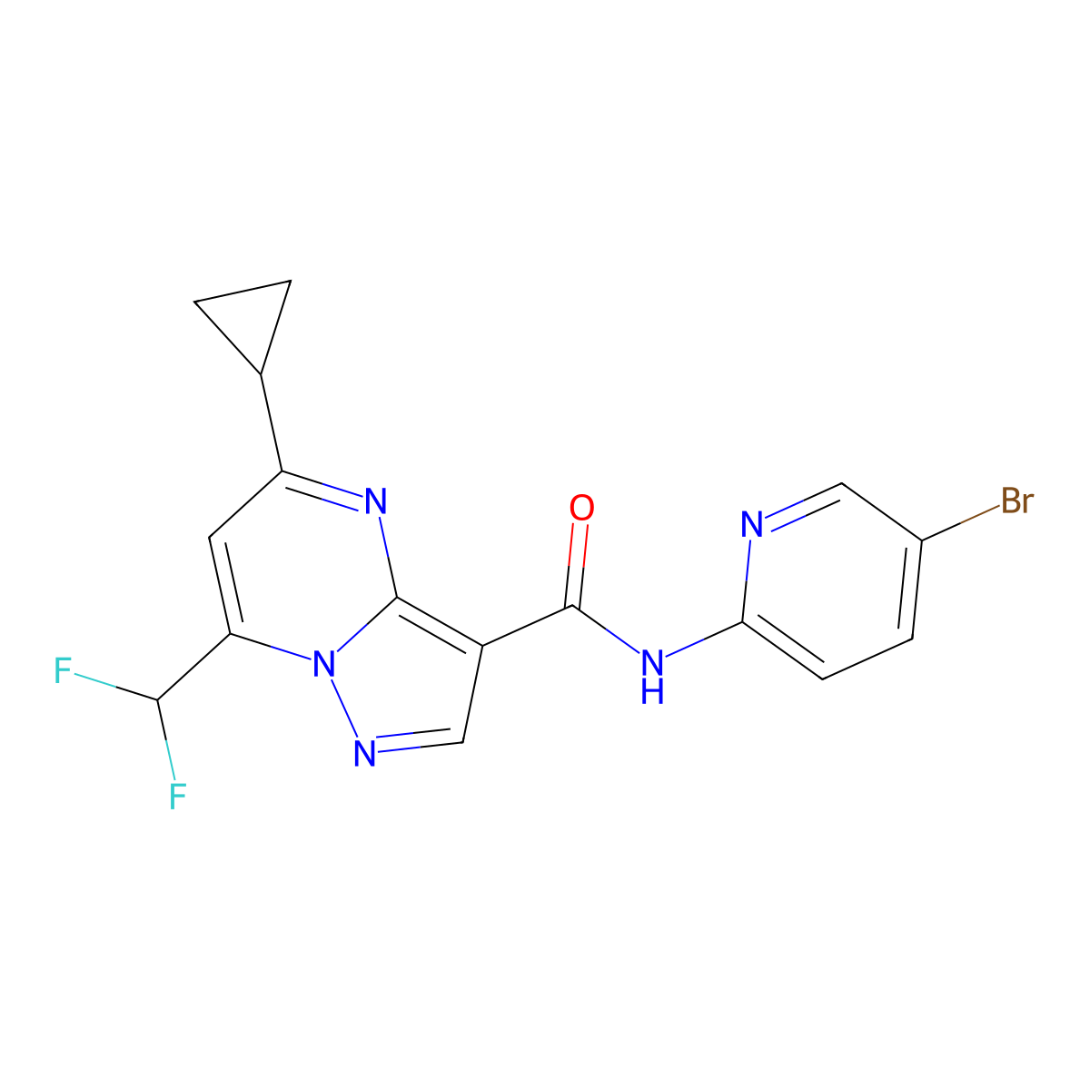 N-(5-bromopyridin-2-yl)-5-cyclopropyl-7-(difluoromethyl)pyrazolo[1,5-a]pyrimidine-3-carboxamide molecular structure, CAS 674809-28-0