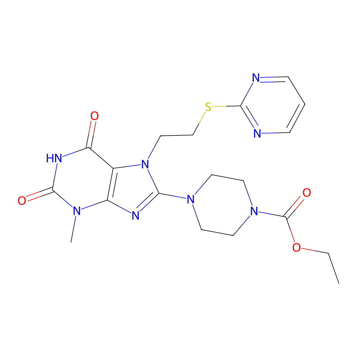Ethyl 4-[3-methyl-2,6-dioxo-7-(2-pyrimidin-2-ylsulfanylethyl)purin-8-yl]piperazine-1-carboxylate molecular structure, CAS 674813-96-8