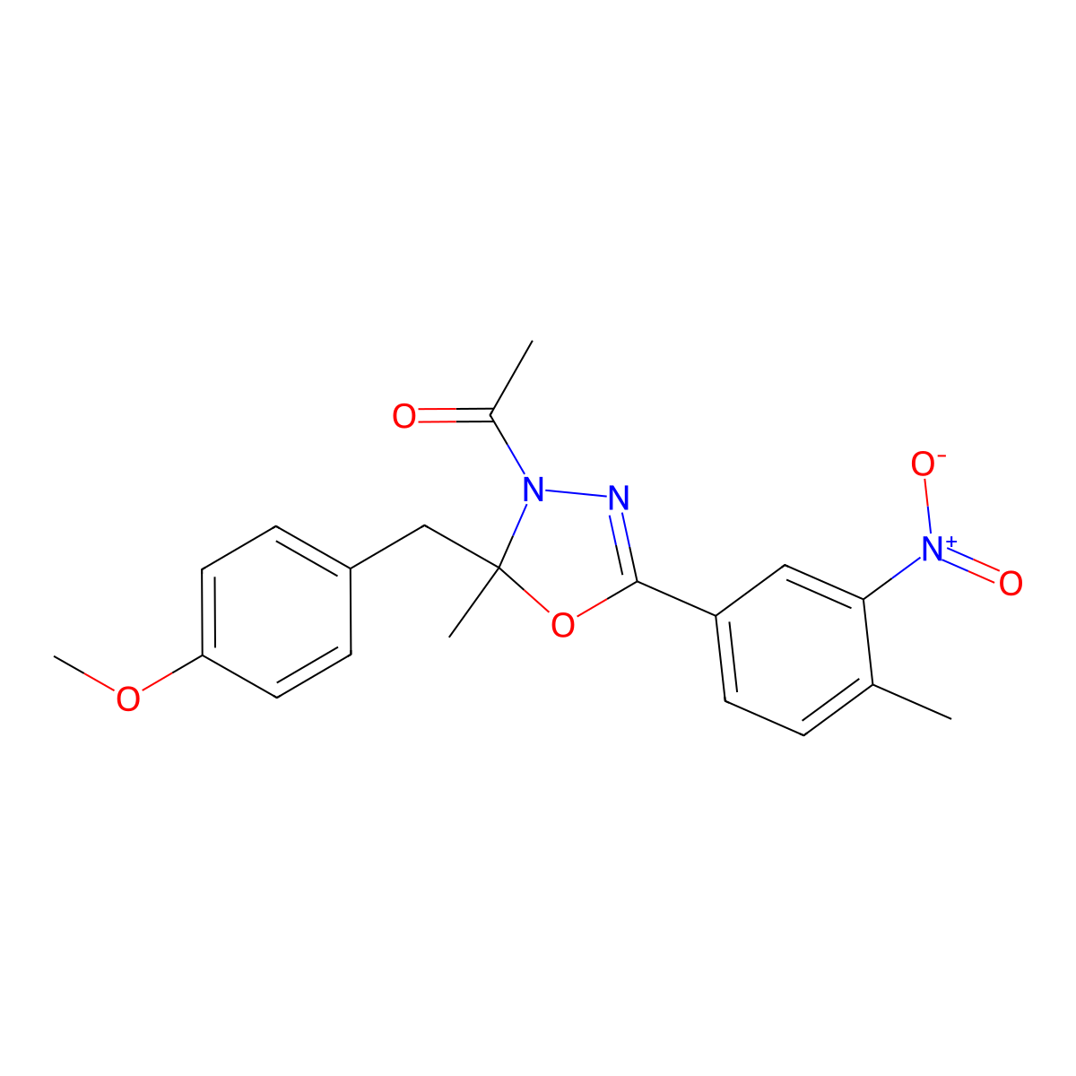 1-[2-[(4-Methoxyphenyl)methyl]-2-methyl-5-(4-methyl-3-nitrophenyl)-1,3,4-oxadiazol-3-yl]ethanone molecular structure, CAS 674814-37-0