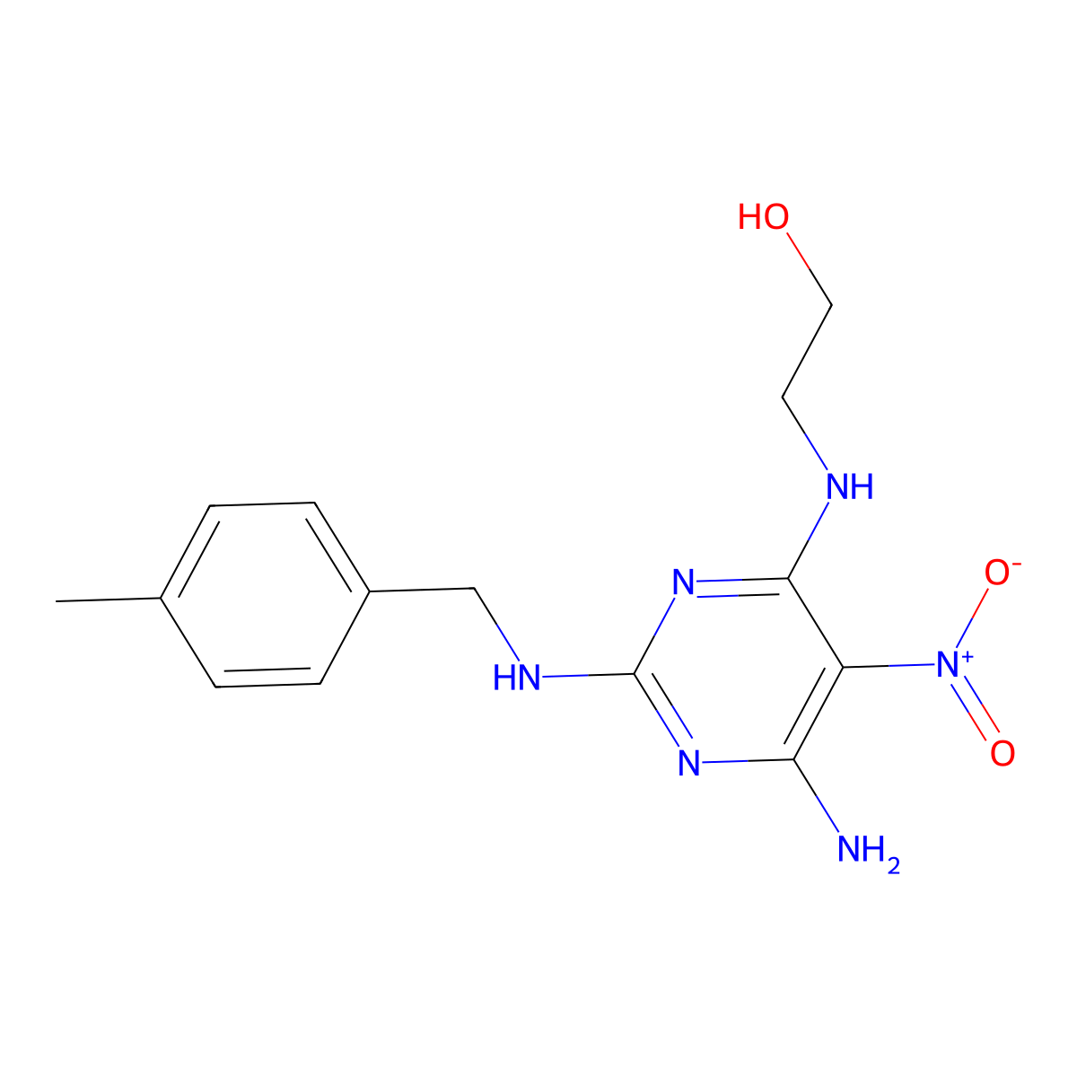 2-[[6-Amino-2-[(4-methylphenyl)methylamino]-5-nitropyrimidin-4-yl]amino]ethanol molecular structure, CAS 674814-55-2