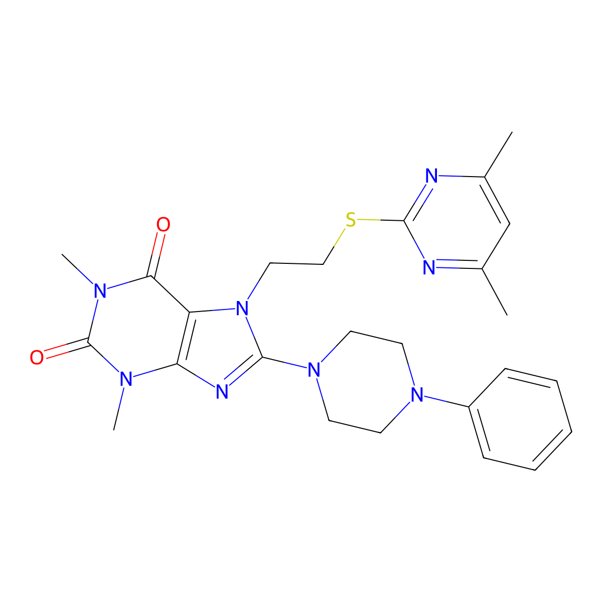 7-[2-(4,6-Dimethylpyrimidin-2-yl)sulfanylethyl]-1,3-dimethyl-8-(4-phenylpiperazin-1-yl)purine-2,6-dione molecular structure, CAS 674815-05-5
