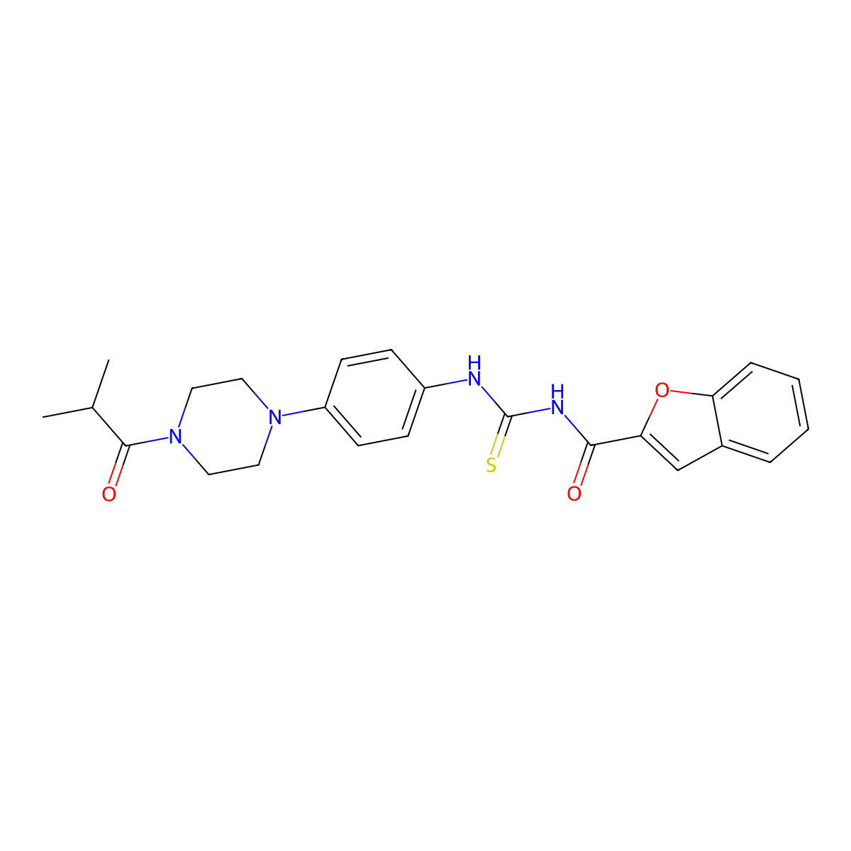 N-({4-[4-(2-methylpropanoyl)piperazin-1-yl]phenyl}carbamothioyl)-1-benzofuran-2-carboxamide molecular structure, CAS 674815-06-6