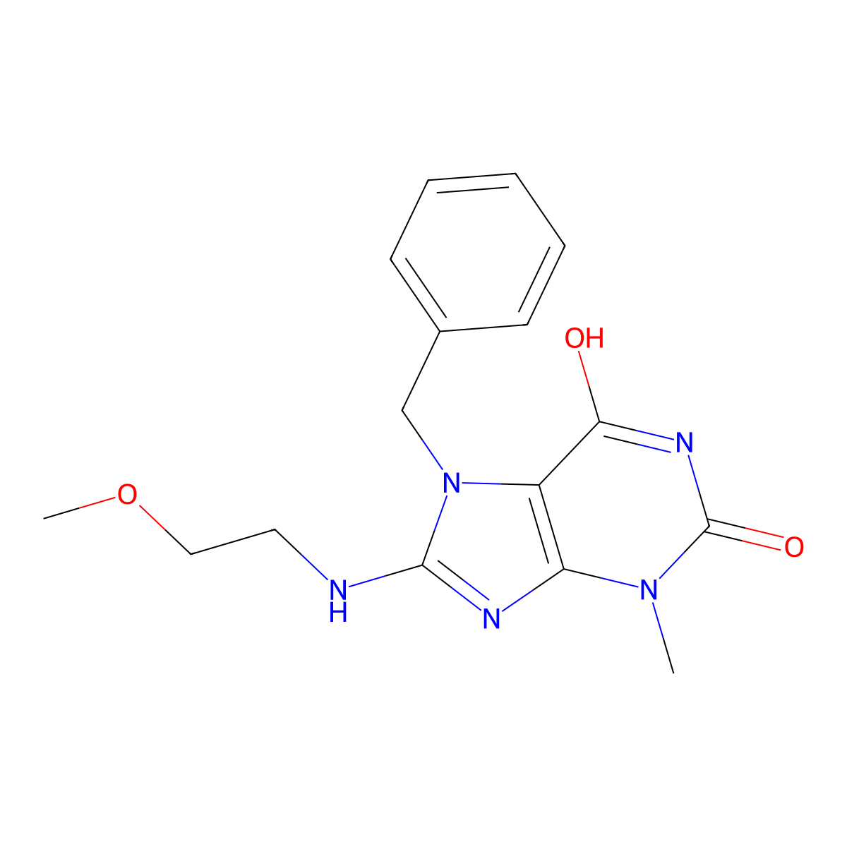 7-Benzyl-8-(2-methoxyethylamino)-3-methylpurine-2,6-dione molecular structure, CAS 674815-24-8