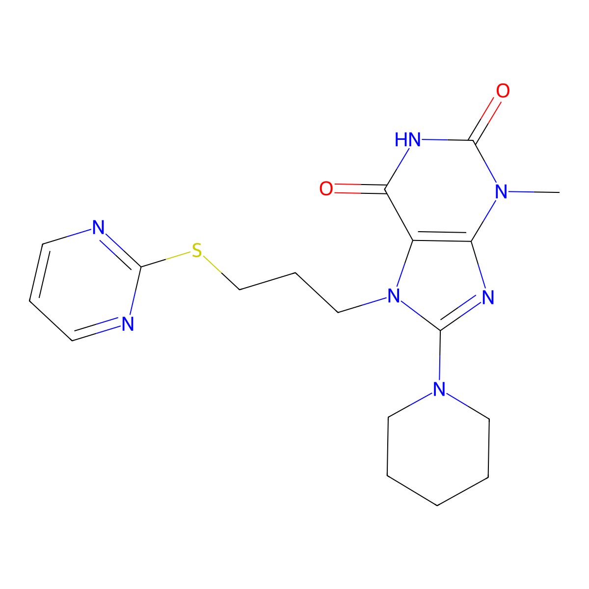 3-Methyl-8-piperidin-1-yl-7-(3-pyrimidin-2-ylsulfanylpropyl)purine-2,6-dione molecular structure, CAS 674815-99-7