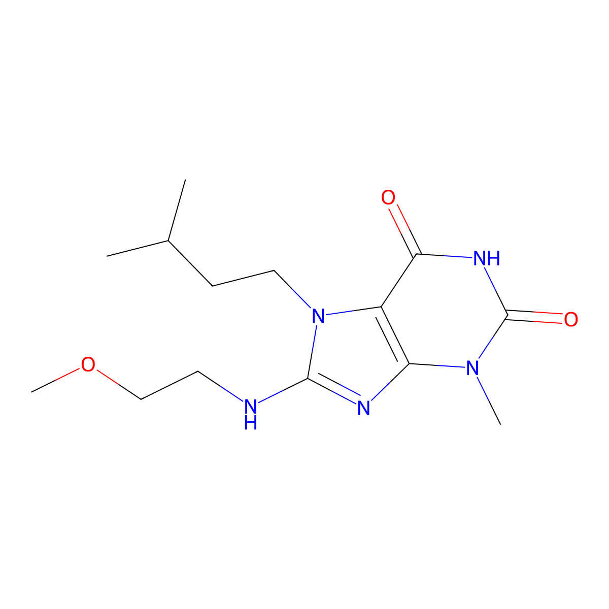 8-(2-Methoxyethylamino)-3-methyl-7-(3-methylbutyl)purine-2,6-dione molecular structure, CAS 674816-01-4