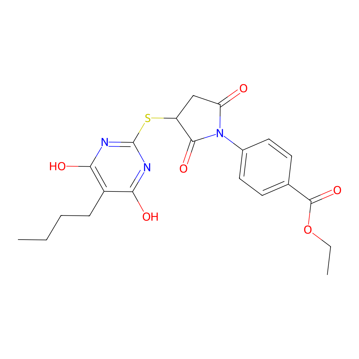 Ethyl 4-{3-[(5-butyl-4,6-dihydroxypyrimidin-2-yl)sulfanyl]-2,5-dioxopyrrolidin-1-yl}benzoate molecular structure, CAS 674816-52-5