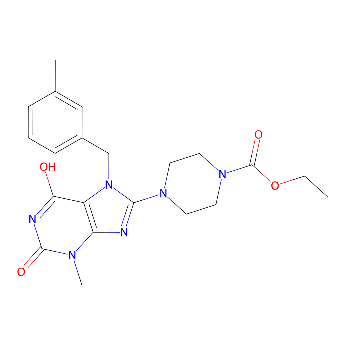 Ethyl 4-[3-methyl-7-[(3-methylphenyl)methyl]-2,6-dioxopurin-8-yl]piperazine-1-carboxylate molecular structure, CAS 674817-39-1