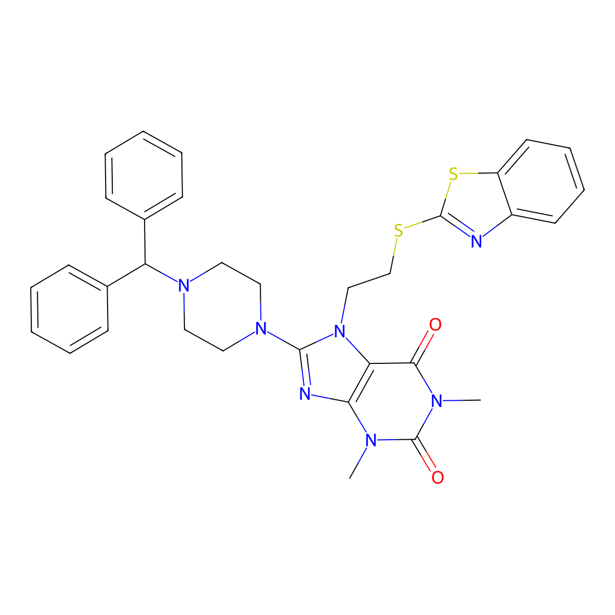 8-(4-Benzhydrylpiperazin-1-yl)-7-[2-(1,3-benzothiazol-2-ylsulfanyl)ethyl]-1,3-dimethylpurine-2,6-dione molecular structure, CAS 674817-73-3