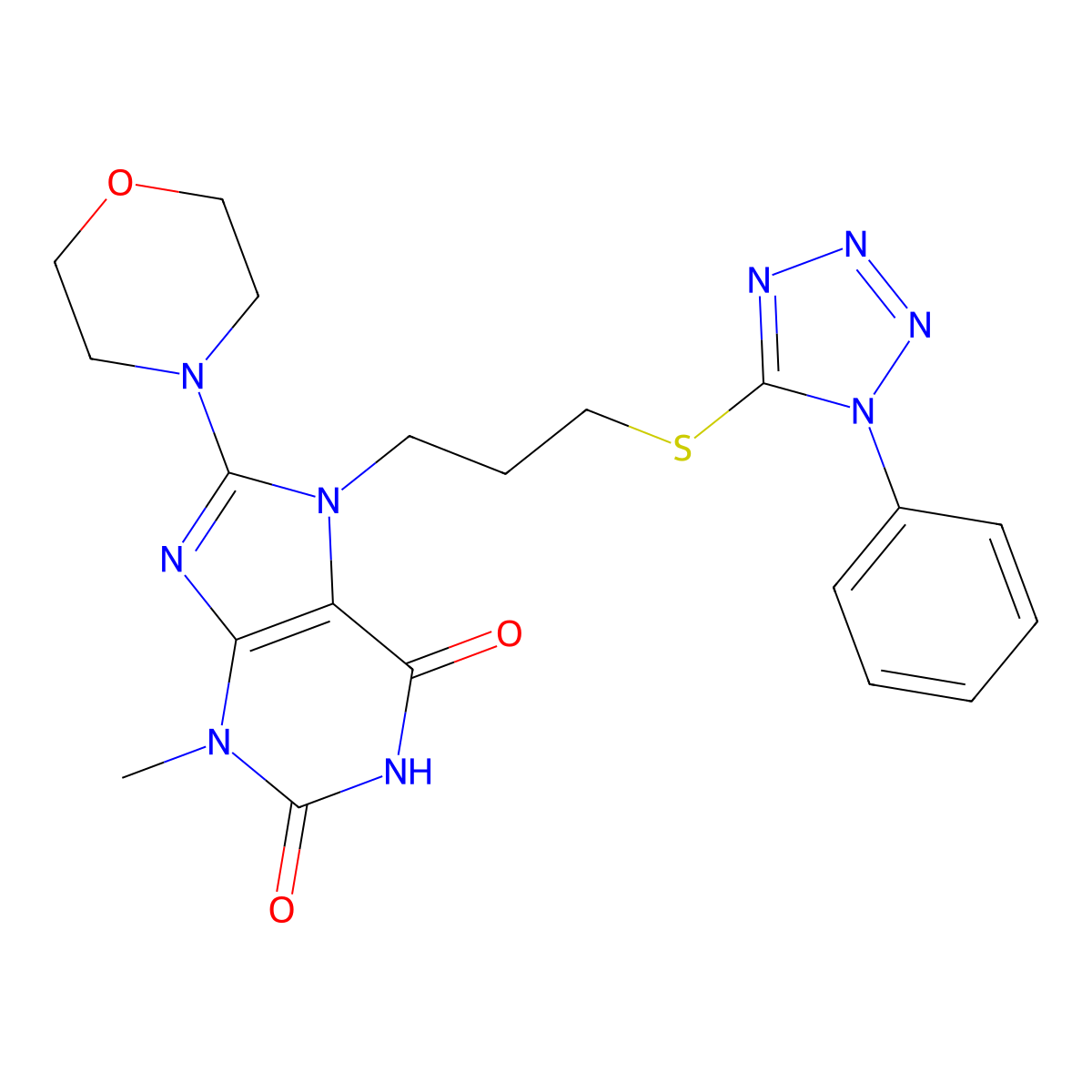 3-methyl-8-(morpholin-4-yl)-7-{3-[(1-phenyl-1H-1,2,3,4-tetrazol-5-yl)sulfanyl]propyl}-2,3,6,7-tetrahydro-1H-purine-2,6-dione molecular structure, CAS 674818-36-1