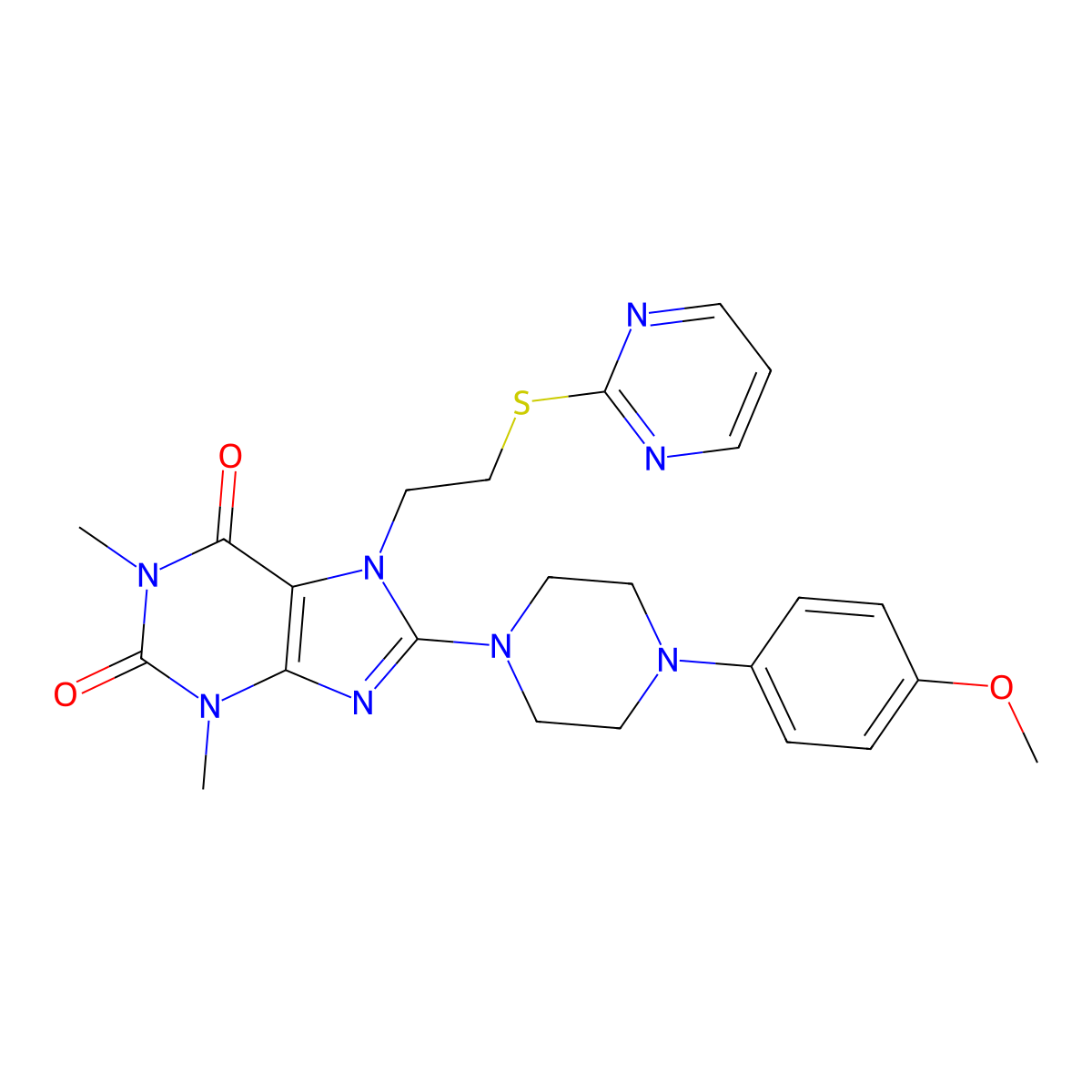 8-(4-(4-methoxyphenyl)piperazin-1-yl)-1,3-dimethyl-7-(2-(pyrimidin-2-ylthio)ethyl)-1H-purine-2,6(3H,7H)-dione molecular structure, CAS 674819-11-5