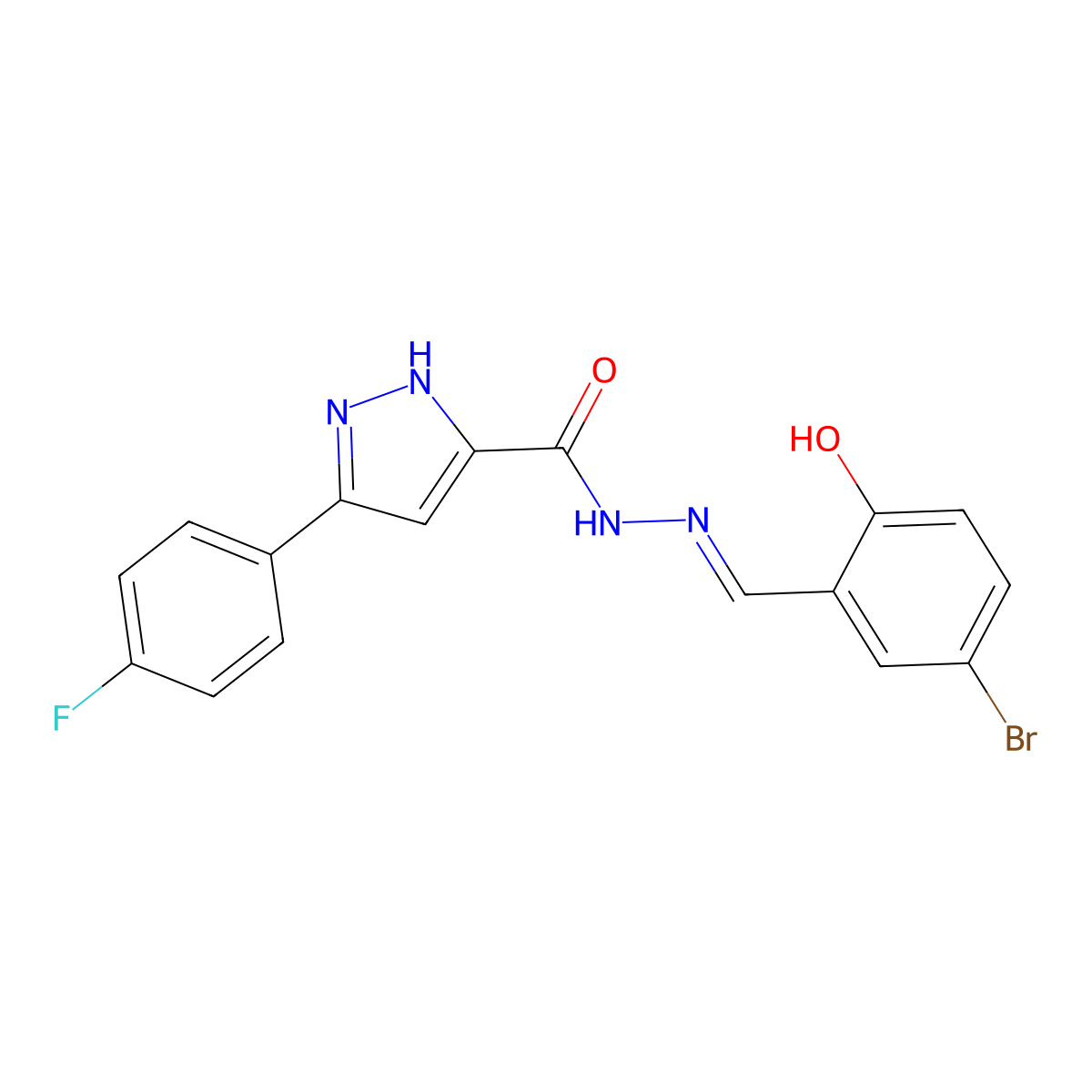 N-[(5-bromo-2-hydroxyphenyl)methylideneamino]-3-(4-fluorophenyl)-1H-pyrazole-5-carboxamide molecular structure, CAS 6750-16-9