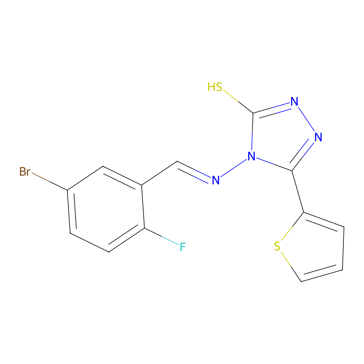 4-[[(5-Bromo-2-fluorophenyl)methylene]amino]-2,4-dihydro-5-(2-thienyl)-3H-1,2,4-triazole-3-thione molecular structure, CAS 675112-77-3
