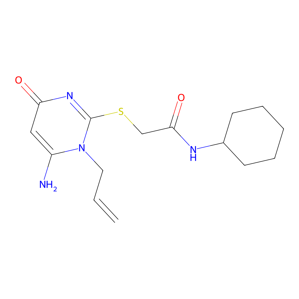 2-(6-amino-4-oxo-1-prop-2-enylpyrimidin-2-yl)sulfanyl-N-cyclohexylacetamide molecular structure, CAS 675121-10-5