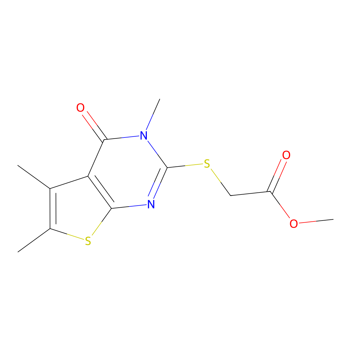 Methyl [(3,5,6-trimethyl-4-oxo-3,4-dihydrothieno[2,3-d]pyrimidin-2-yl)sulfanyl]acetate molecular structure, CAS 675121-51-4