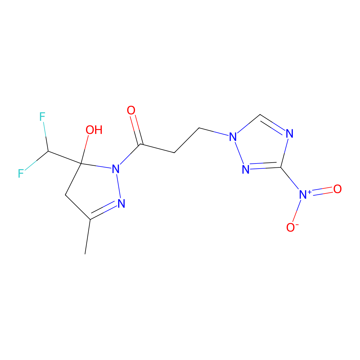 1-[5-(difluoromethyl)-5-hydroxy-3-methyl-4H-pyrazol-1-yl]-3-(3-nitro-1,2,4-triazol-1-yl)propan-1-one molecular structure, CAS 675121-66-1