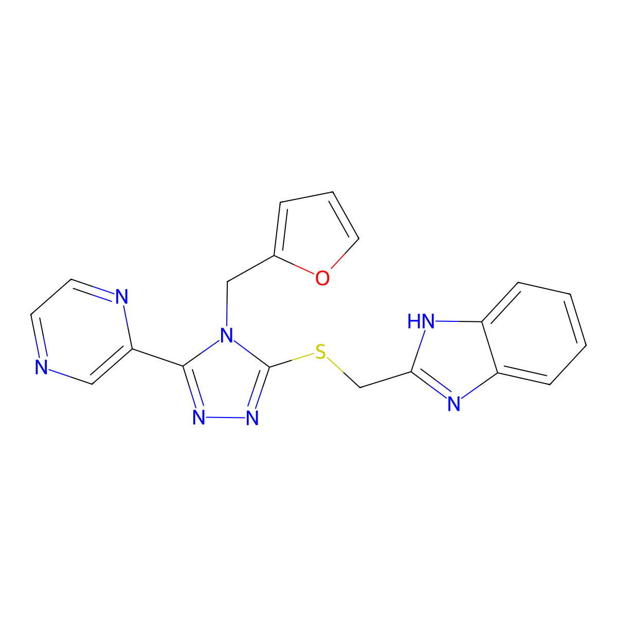 2-({[4-(furan-2-ylmethyl)-5-(pyrazin-2-yl)-4H-1,2,4-triazol-3-yl]sulfanyl}methyl)-1H-benzimidazole molecular structure, CAS 675131-30-3
