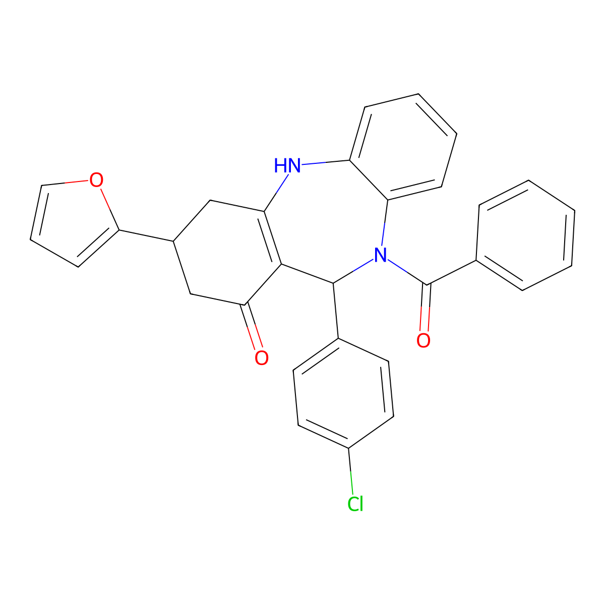 [11-(4-chlorophenyl)-3-(furan-2-yl)-1-hydroxy-2,3,4,11-tetrahydro-10H-dibenzo[b,e][1,4]diazepin-10-yl](phenyl)methanone molecular structure, CAS 675141-47-6