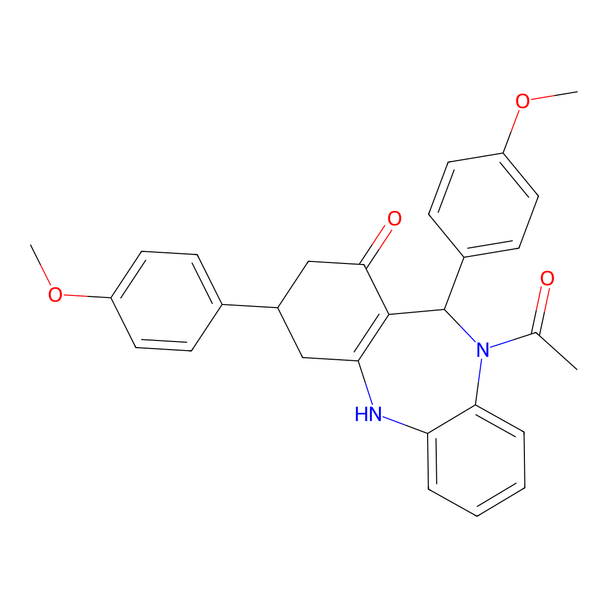 1-[1-hydroxy-3,11-bis(4-methoxyphenyl)-2,3,4,11-tetrahydro-10H-dibenzo[b,e][1,4]diazepin-10-yl]ethanone molecular structure, CAS 675141-55-6