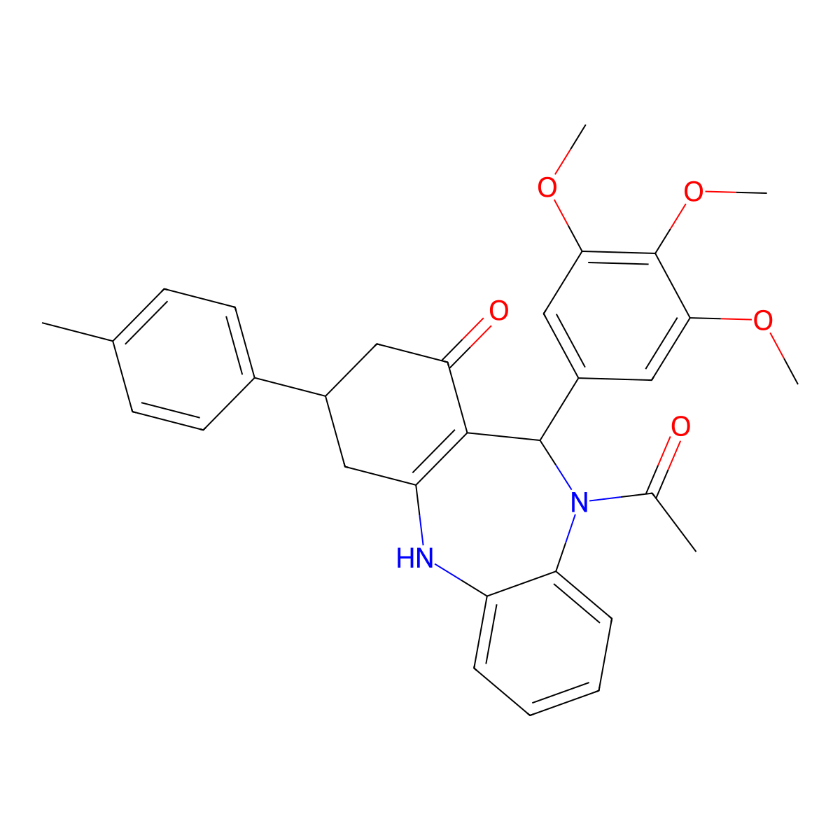 1-[1-hydroxy-3-(4-methylphenyl)-11-(3,4,5-trimethoxyphenyl)-2,3,4,11-tetrahydro-10H-dibenzo[b,e][1,4]diazepin-10-yl]ethanone molecular structure, CAS 675141-88-5