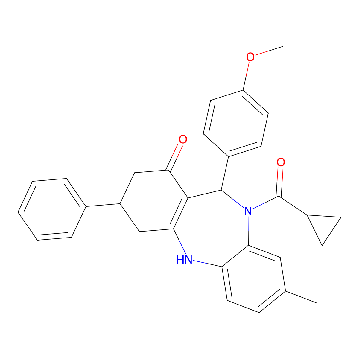 cyclopropyl[1-hydroxy-11-(4-methoxyphenyl)-8-methyl-3-phenyl-2,3,4,11-tetrahydro-10H-dibenzo[b,e][1,4]diazepin-10-yl]methanone molecular structure, CAS 675142-25-3