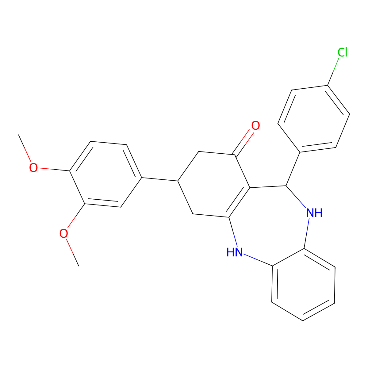 6-(4-Chlorophenyl)-9-(3,4-dimethoxyphenyl)-5,6,8,9,10,11-hexahydrobenzo[b][1,4]benzodiazepin-7-one molecular structure, CAS 675142-55-9
