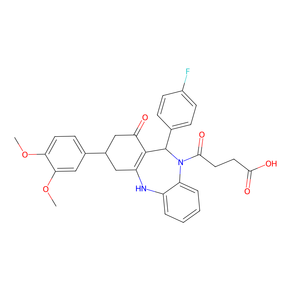 4-[3-(3,4-Dimethoxy-phenyl)-11-(4-fluoro-phenyl)-1-hydroxy-2,3,4,11-tetrahydro-dibenzo[b,e][1,4]diazep in-10-yl]-4-oxo-butyric acid molecular structure, CAS 675142-70-8