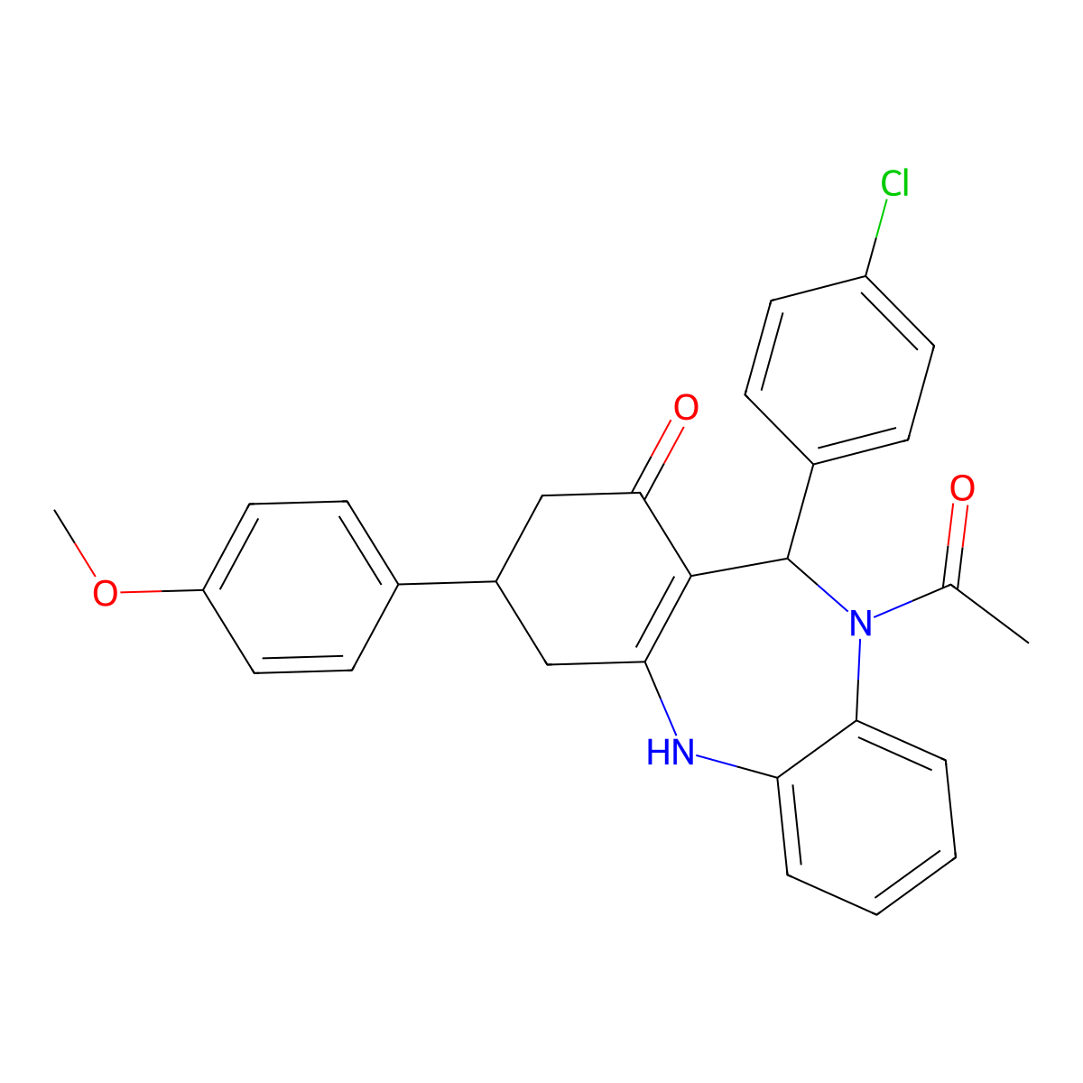 5-acetyl-6-(4-chlorophenyl)-9-(4-methoxyphenyl)-8,9,10,11-tetrahydro-6H-benzo[b][1,4]benzodiazepin-7-one molecular structure, CAS 675142-79-7