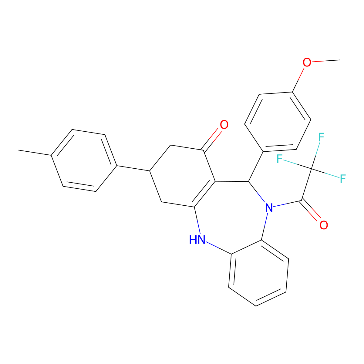 6-(4-methoxyphenyl)-9-(p-tolyl)-5-(2,2,2-trifluoroacetyl)-8,9,10,11-tetrahydro-6H-benzo[b][1,4]benzodiazepin-7-one molecular structure, CAS 675142-84-4