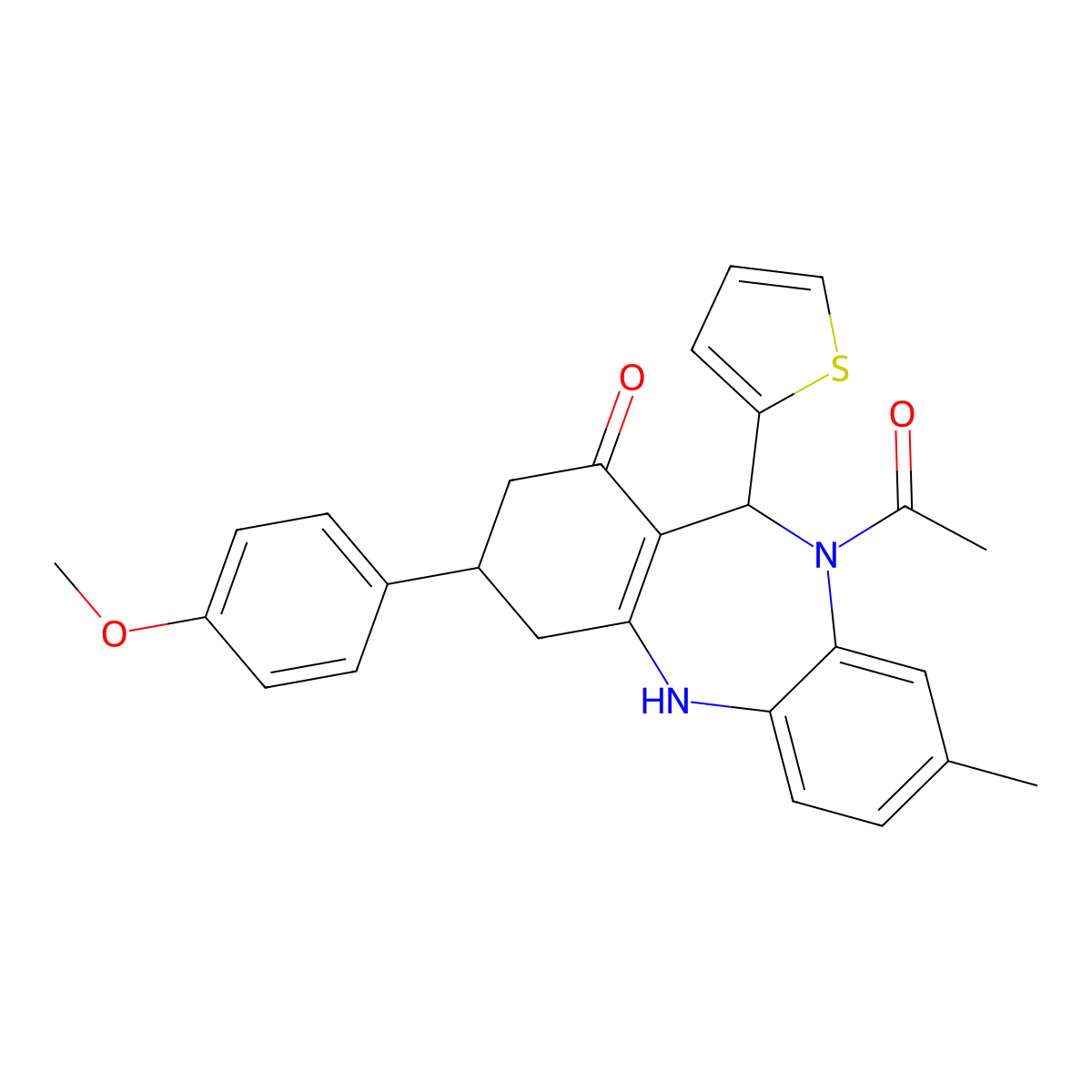 1-[1-hydroxy-3-(4-methoxyphenyl)-8-methyl-11-(thiophen-2-yl)-2,3,4,11-tetrahydro-10H-dibenzo[b,e][1,4]diazepin-10-yl]ethanone molecular structure, CAS 675143-02-9