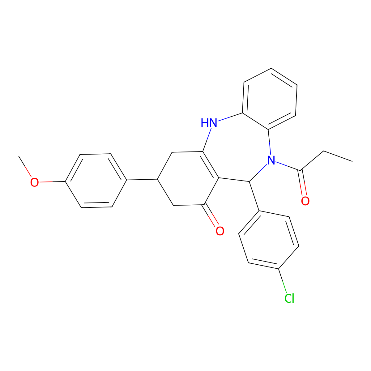 6-(4-chlorophenyl)-9-(4-methoxyphenyl)-5-propanoyl-8,9,10,11-tetrahydro-6H-benzo[b][1,4]benzodiazepin-7-one molecular structure, CAS 675143-08-5