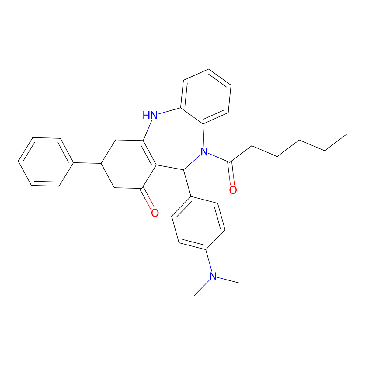 1-{11-[4-(dimethylamino)phenyl]-1-hydroxy-3-phenyl-2,3,4,11-tetrahydro-10H-dibenzo[b,e][1,4]diazepin-10-yl}hexan-1-one molecular structure, CAS 675143-11-0