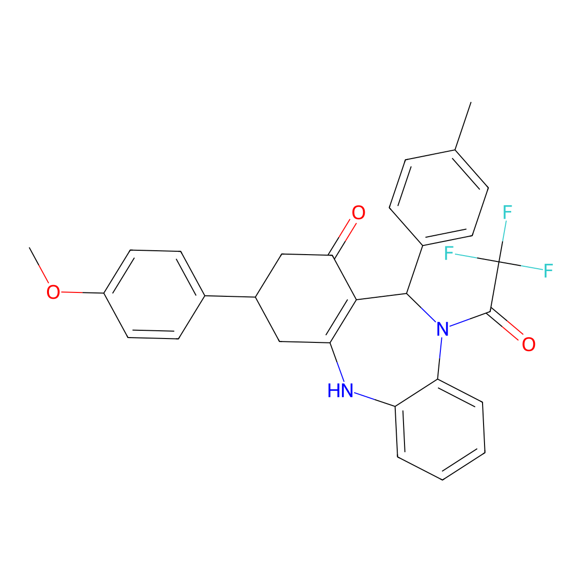 9-(4-methoxyphenyl)-6-(p-tolyl)-5-(2,2,2-trifluoroacetyl)-8,9,10,11-tetrahydro-6H-benzo[b][1,4]benzodiazepin-7-one molecular structure, CAS 675143-14-3