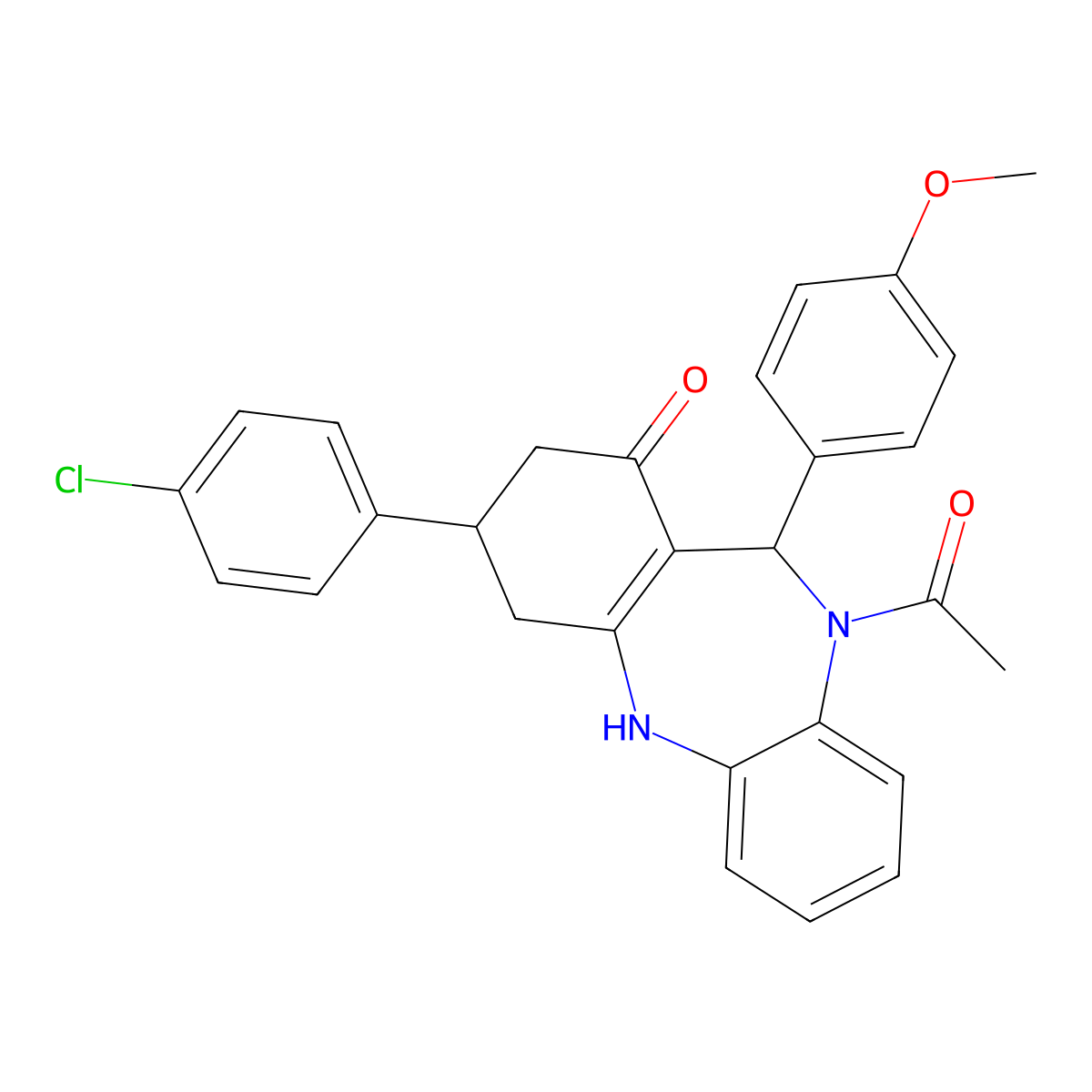 1-[3-(4-chlorophenyl)-1-hydroxy-11-(4-methoxyphenyl)-2,3,4,11-tetrahydro-10H-dibenzo[b,e][1,4]diazepin-10-yl]ethanone molecular structure, CAS 675143-16-5