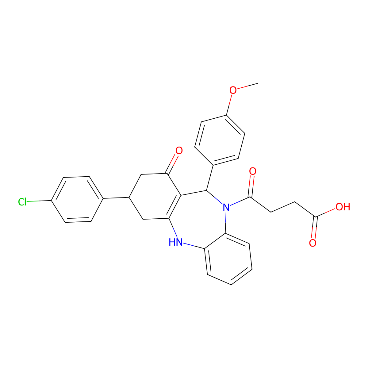 4-[3-(4-chlorophenyl)-1-hydroxy-11-(4-methoxyphenyl)-2,3,4,11-tetrahydro-10H-dibenzo[b,e][1,4]diazepin-10-yl]-4-oxobutanoic acid molecular structure, CAS 675150-22-8