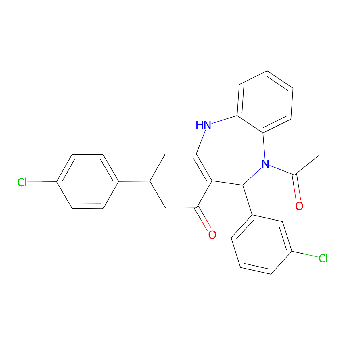 1-[11-(3-chlorophenyl)-3-(4-chlorophenyl)-1-hydroxy-2,3,4,11-tetrahydro-10H-dibenzo[b,e][1,4]diazepin-10-yl]ethanone molecular structure, CAS 675150-53-5