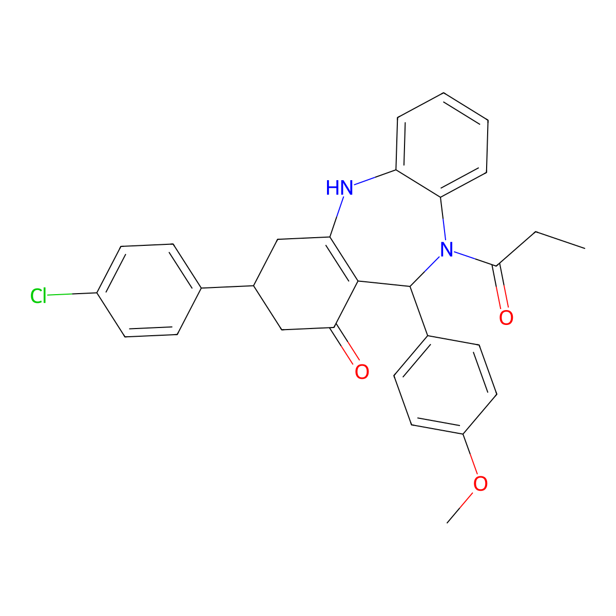 1-[3-(4-chlorophenyl)-1-hydroxy-11-(4-methoxyphenyl)-2,3,4,11-tetrahydro-10H-dibenzo[b,e][1,4]diazepin-10-yl]propan-1-one molecular structure, CAS 675150-74-0