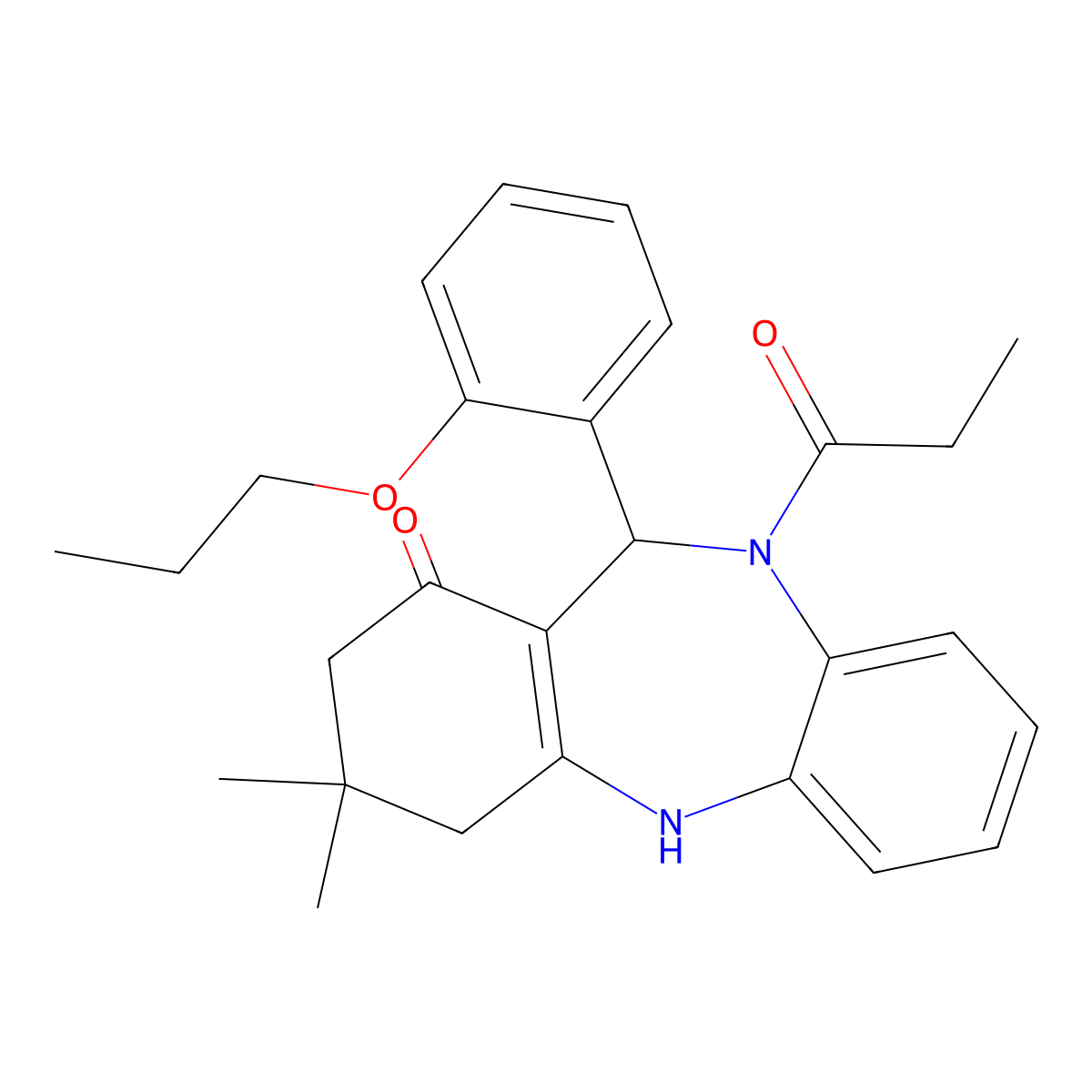 9,9-Dimethyl-5-propanoyl-6-(2-propoxyphenyl)-6,8,10,11-tetrahydrobenzo[b][1,4]benzodiazepin-7-one molecular structure, CAS 675151-18-5