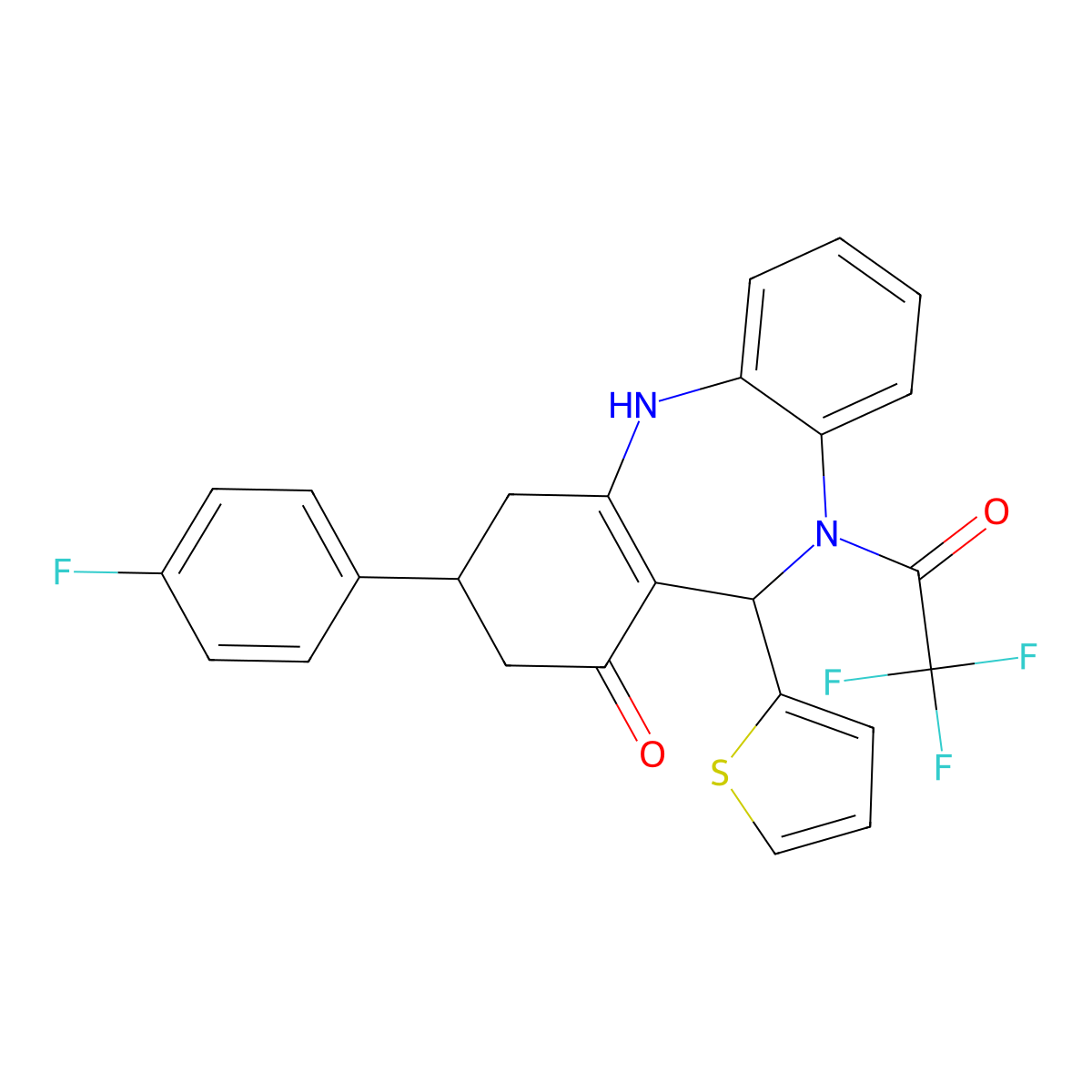 2,2,2-trifluoro-1-[3-(4-fluorophenyl)-1-hydroxy-11-(thiophen-2-yl)-2,3,4,11-tetrahydro-10H-dibenzo[b,e][1,4]diazepin-10-yl]ethanone molecular structure, CAS 675151-38-9